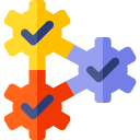 Differently colored interconnected gears with checkmarks in them