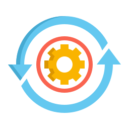 Gear inside a red circle with two light blue circulating arrows around it