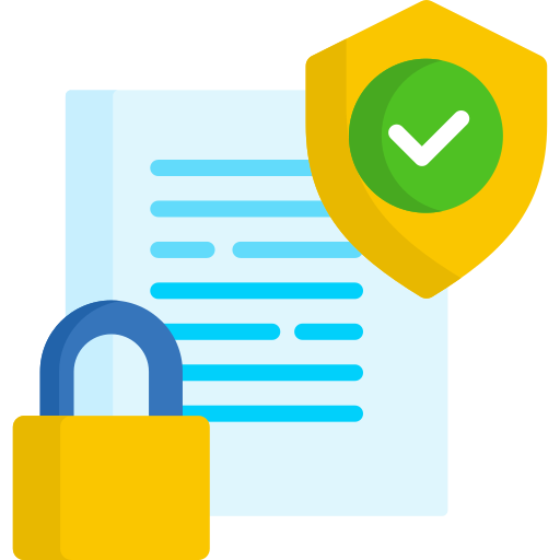 Icon of the paper, lock and shield with checkmark.