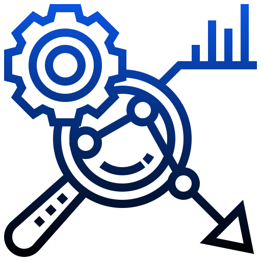 Magnifying glass with graphs going out of it and a gear above it