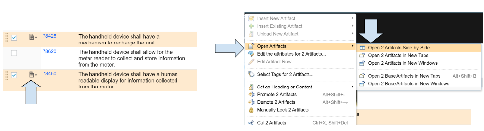 Click on the icon on the left of the ID, then click open artifacts  and choose the first option - Open 2 artifacts side-by-side