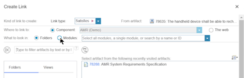 You can choose from which artifact, the link type, where to link to and what to look in (either folders or modules)