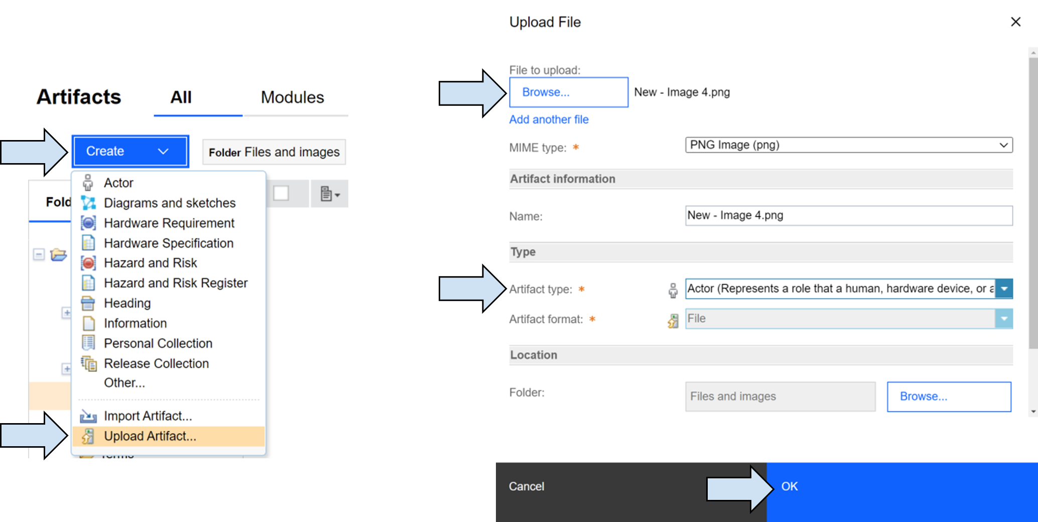 Click Create, then choose the last option, set an artifact type and format, name, MIME type and click browse to find the find you want