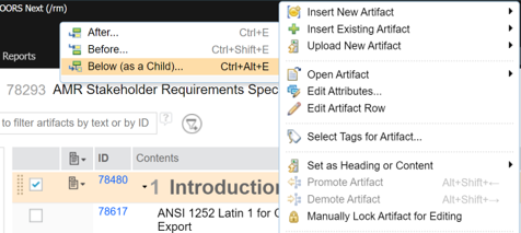 Insert existing artifact is the second option in the menu, Below (as a child) is the last option in the next one