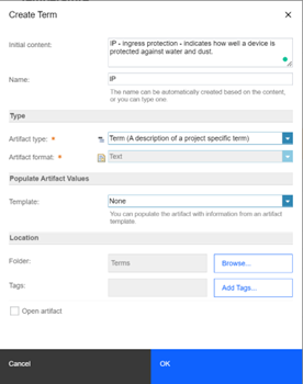 Set the Initial content, name, artifact type (term) and format (text), set template to none, in location set folders to terms