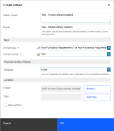 You can set Initial content, name, artifact type and format, template, folder and tags