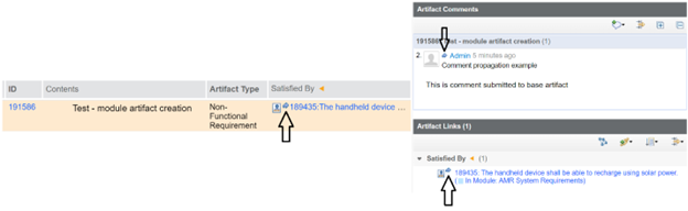 The link to an artifact is under the satisfied by column, it can also be seen under a comment in a separate artifact links window