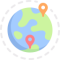 globe with dotted circle around it and two location icons on opposite sides