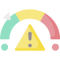 Risk meter spanning from green through yellow to red with a hazard triangle below it