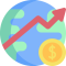 Clipart of planet Earth with a rising graph in front of it and a golden coin with a dollar symbol inside