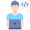 Clipart of a person in front of a pc thinking about code