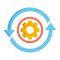 Gear inside a red circle with two light blue circulating arrows around it