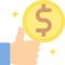 Thumbs up next to a gold coin with dollar symbol